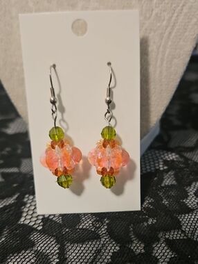 Pink And Green Faceted Earrings.